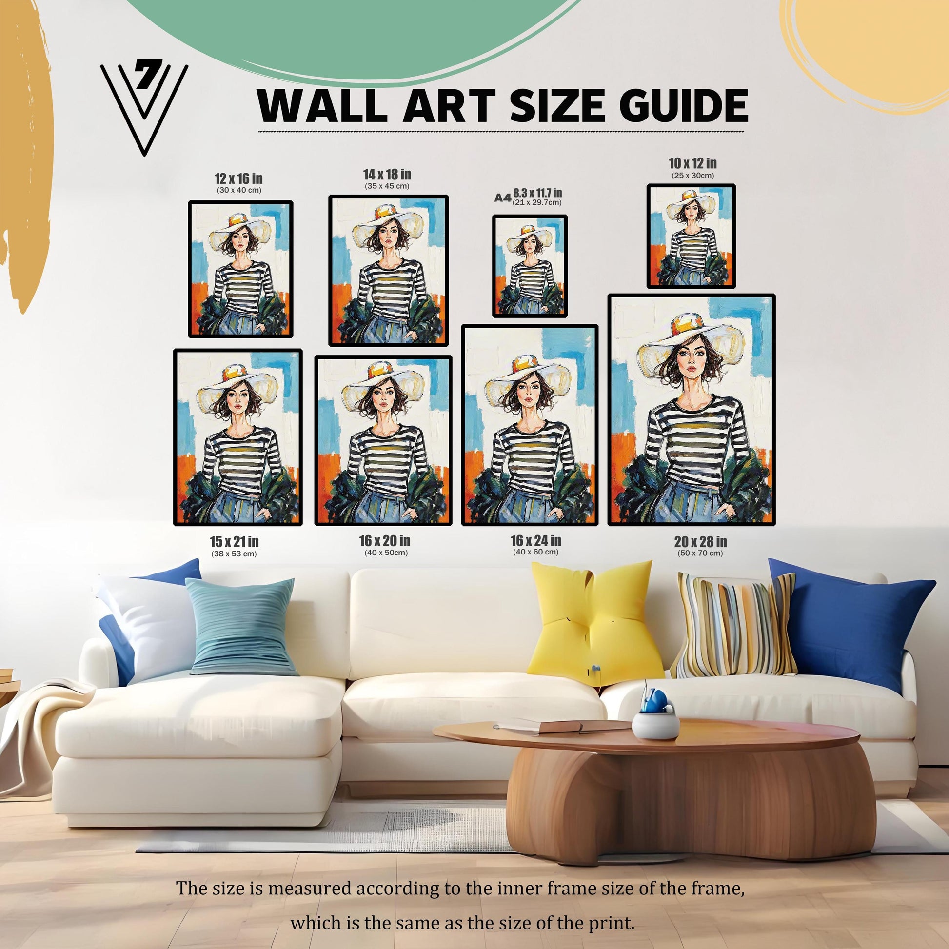 A lifestyle shot showing multiple framed art prints in different sizes arranged on a wall above a couch. Text labels various sizes, including **12 x 16 in, 16 x 20 in,** and **20 x 28 in**.