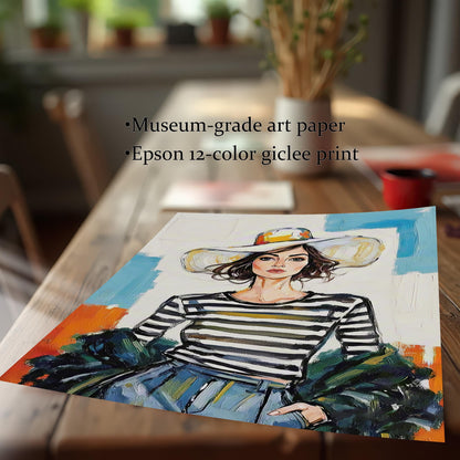 A high-quality art print of a woman in a striped shirt and large hat. Text on the image highlights "Museum-grade art paper" and "Epson 12-color giclee print."