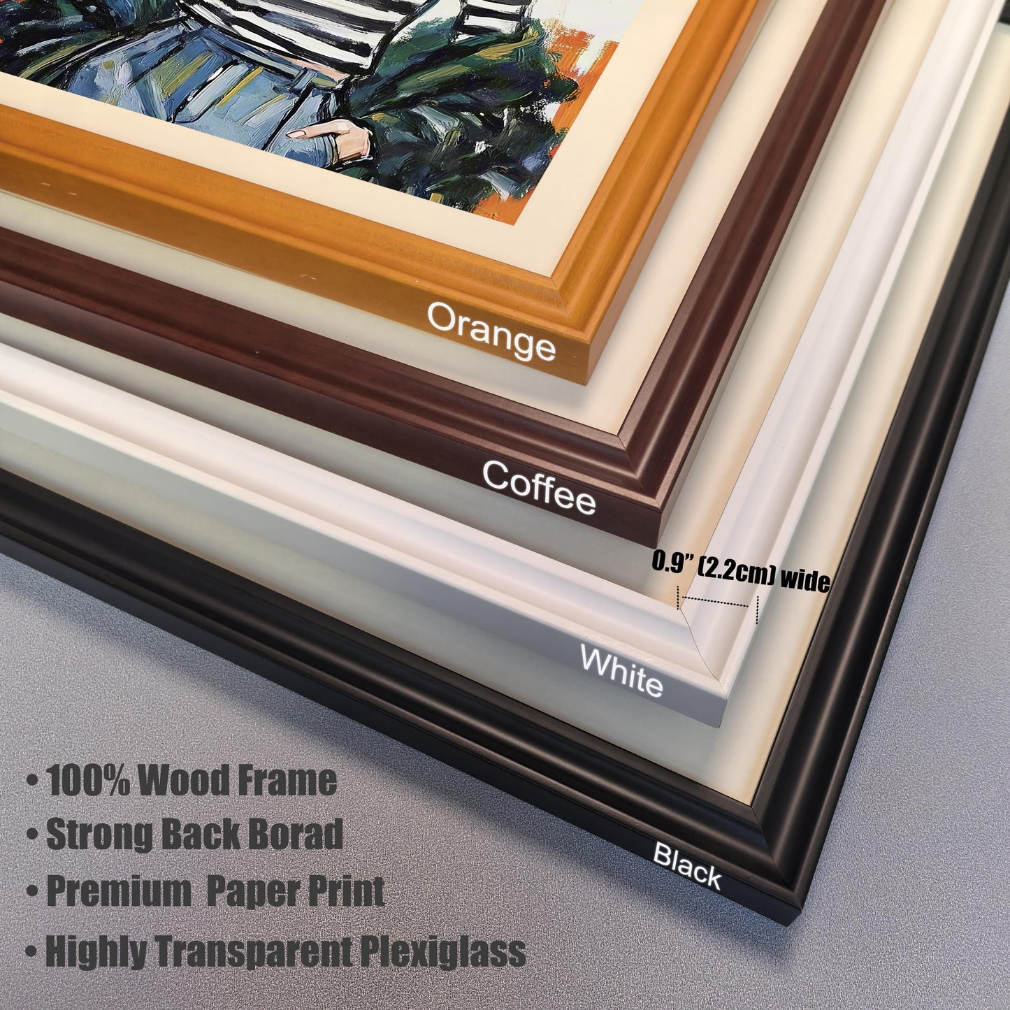 A close-up, angled view of different frame corners stacked together. The frames are labeled **Orange, Coffee, White,** and **Black.** Text lists the frame's features, including **100% Wood Frame** and **Highly Transparent Plexiglass**.