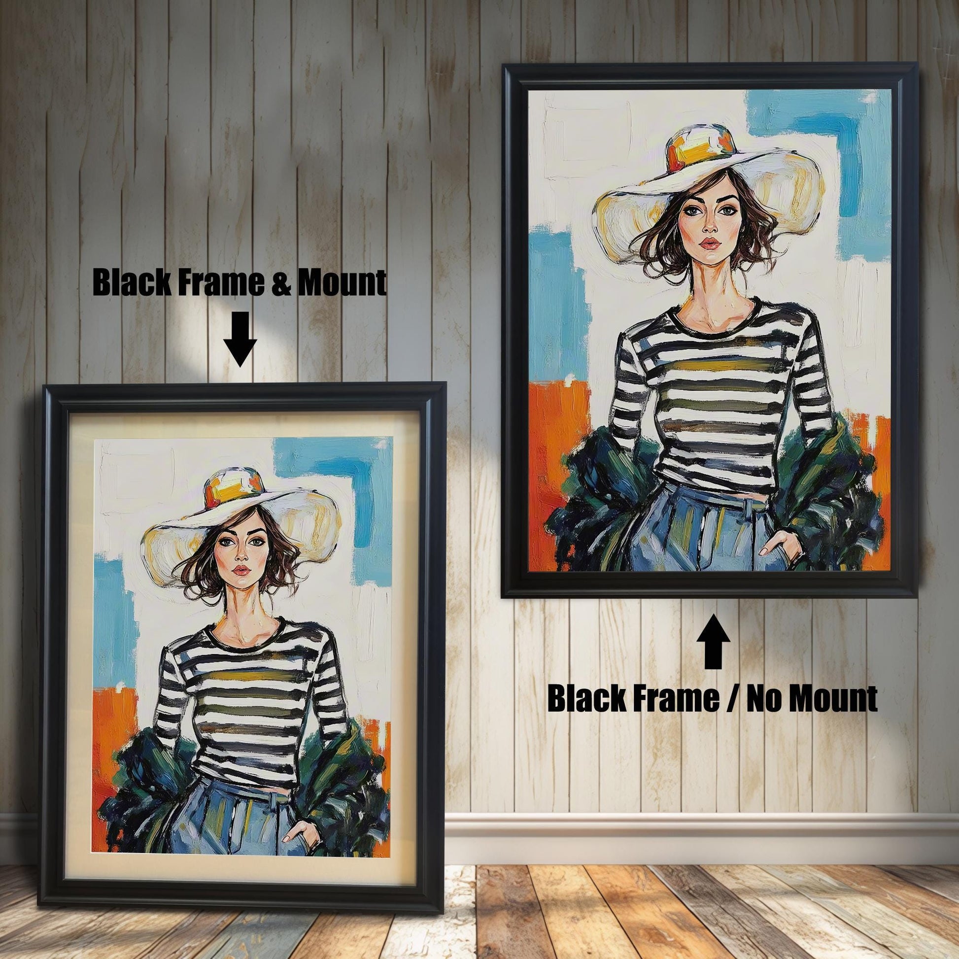 Two framed art prints on a wooden wall showing different black frame options. One print has a **Black Frame & Mount**, and the other has a **Black Frame / No Mount**.