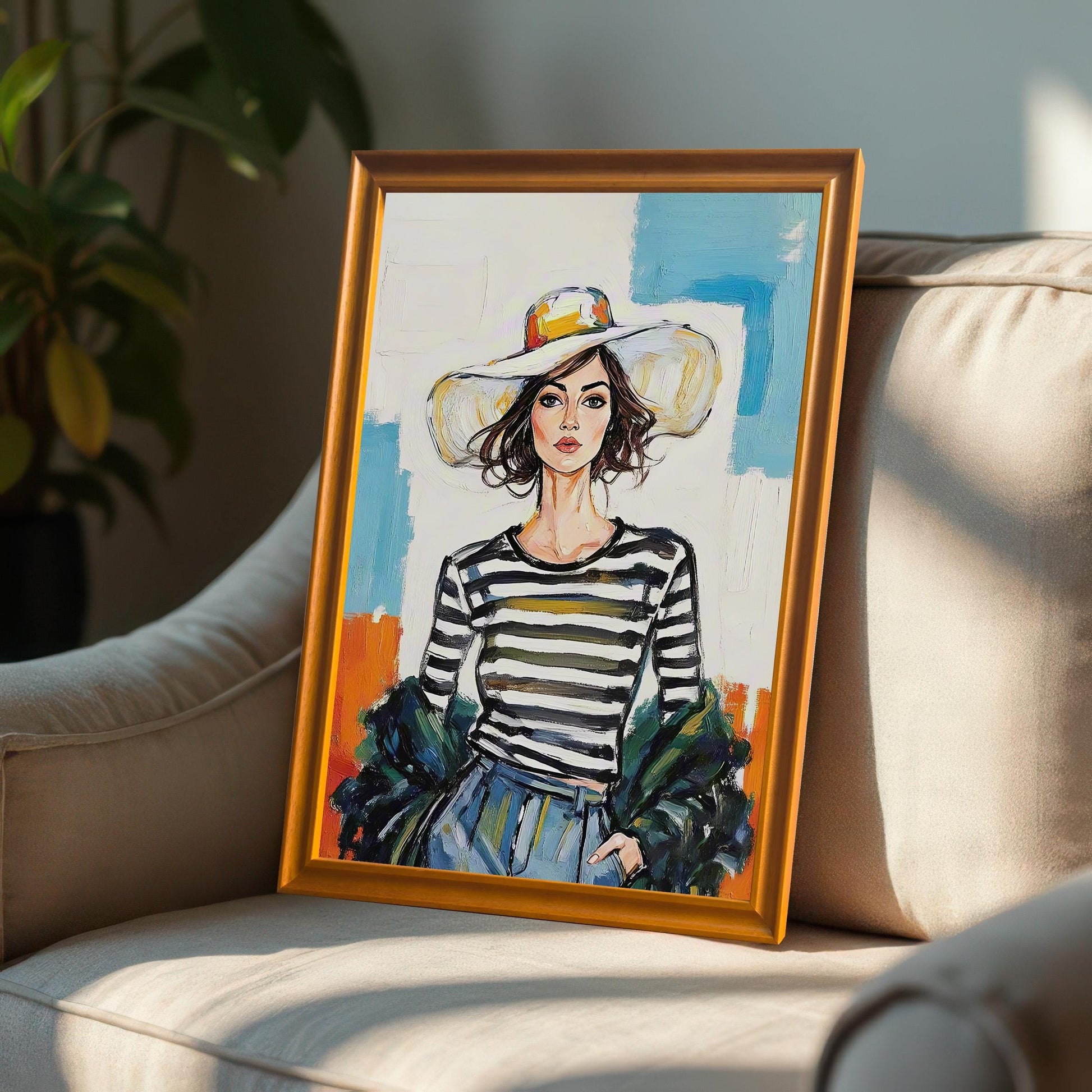 An art print in an orange frame with a mount, leaning on a beige chair. The print shows a woman in a striped shirt and large hat.