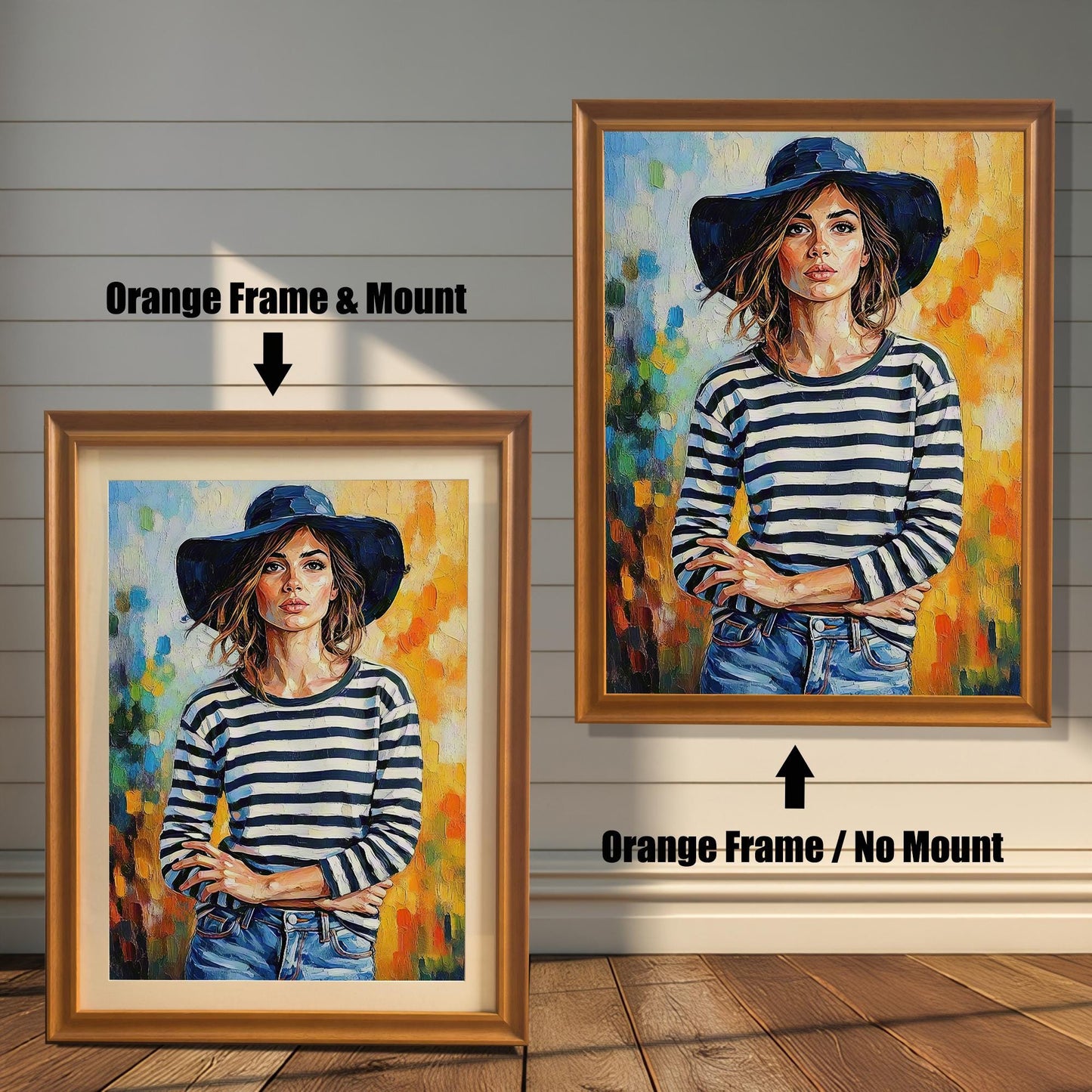Two framed art prints on a wooden wall showing different orange frame options. One print has an **Orange Frame & Mount**, and the other has an **Orange Frame / No Mount**.