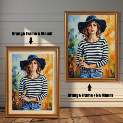 Two framed art prints on a wooden wall showing different orange frame options. One print has an **Orange Frame & Mount**, and the other has an **Orange Frame / No Mount**.