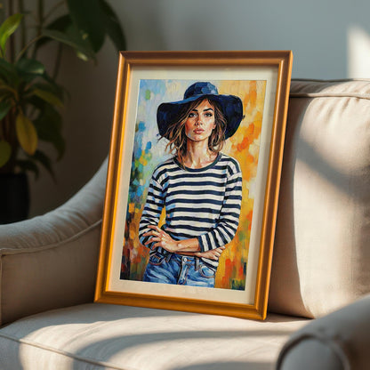 An art print in an orange frame with a mount, leaning on a beige chair. The print shows a woman in a striped shirt and a floppy blue hat.