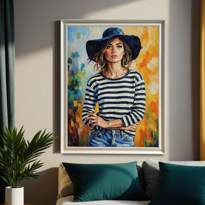 A large framed art print of a woman in a striped shirt and hat hanging on a bedroom wall above a bed. The frame is white.