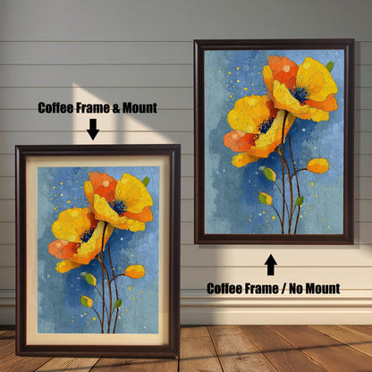 A side-by-side comparison of a framed poppy painting. The left image shows a coffee-colored frame with a mount (mat), and the right shows a coffee-colored frame with no mount.