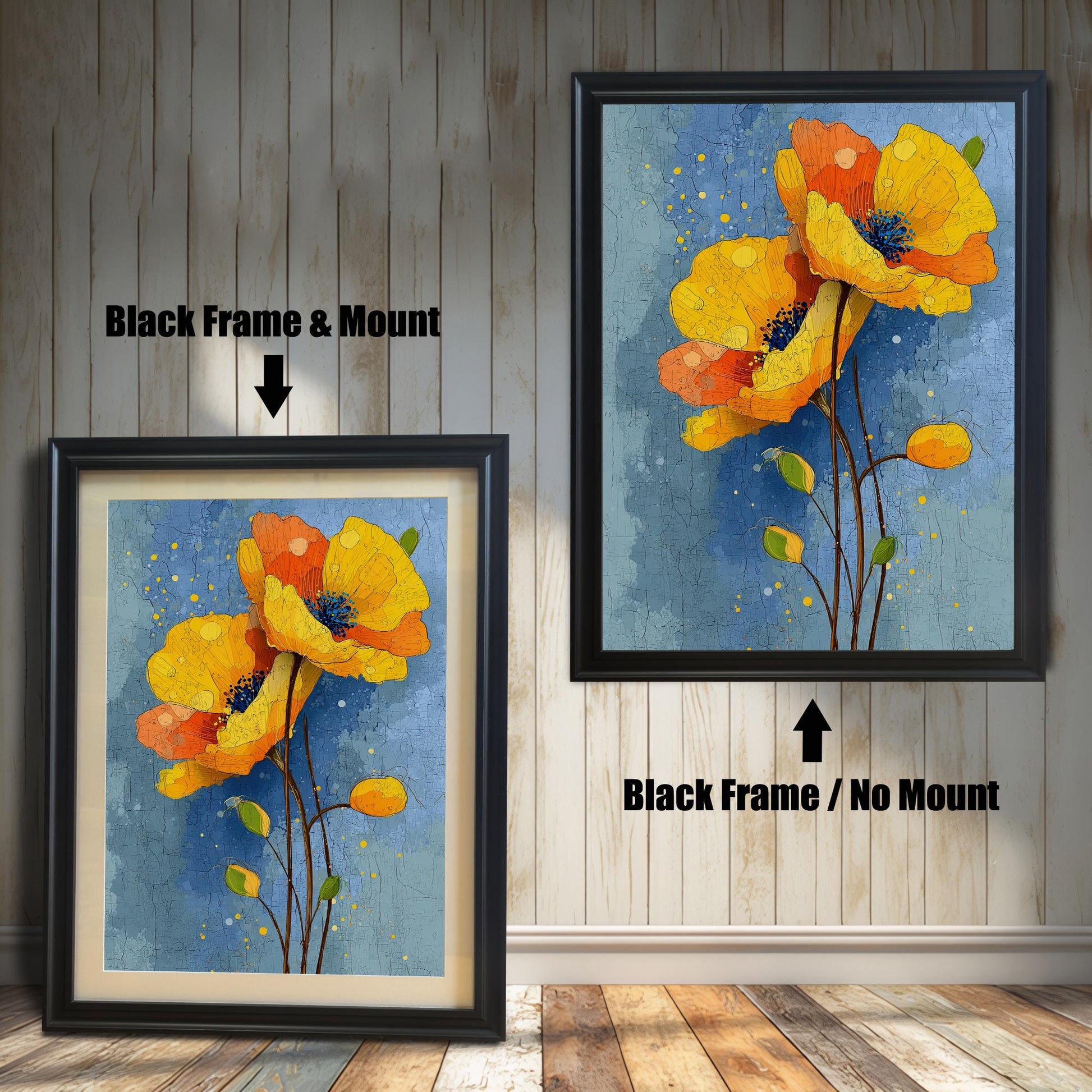 A side-by-side comparison of a framed poppy painting. The left image shows a black frame with a mount (mat), and the right shows a black frame with no mount.