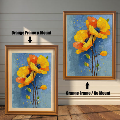 A side-by-side comparison of a framed poppy painting. The left image shows an orange-colored frame with a mount (mat), and the right shows an orange-colored frame with no mount.
