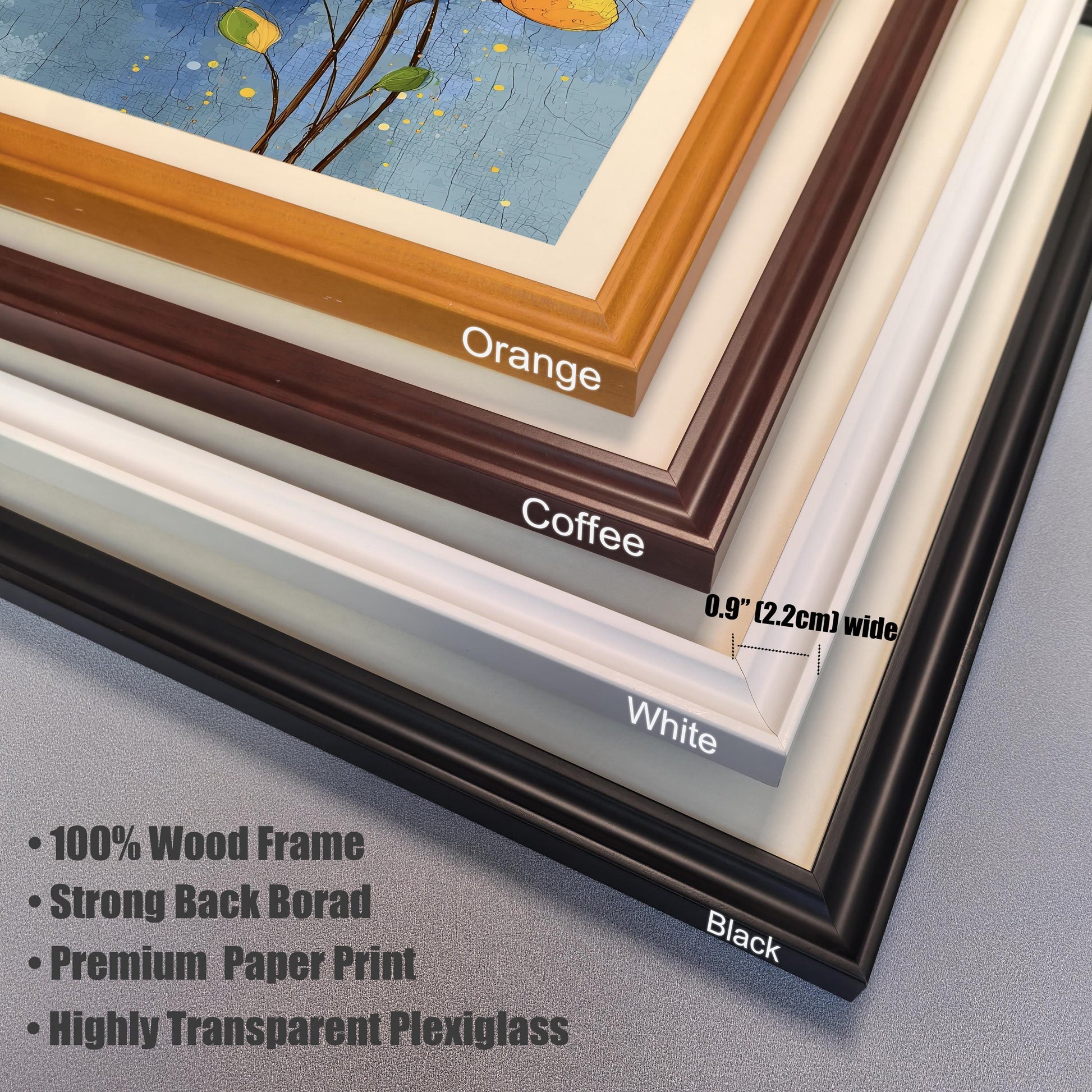 A close-up view of four frame corners in different colors: orange, coffee, white, and black. Text lists frame features like 100% wood and transparent plexiglass.