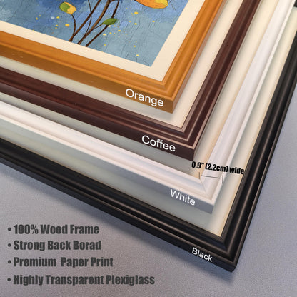 A close-up view of four frame corners in different colors: orange, coffee, white, and black. Text lists frame features like 100% wood and transparent plexiglass.