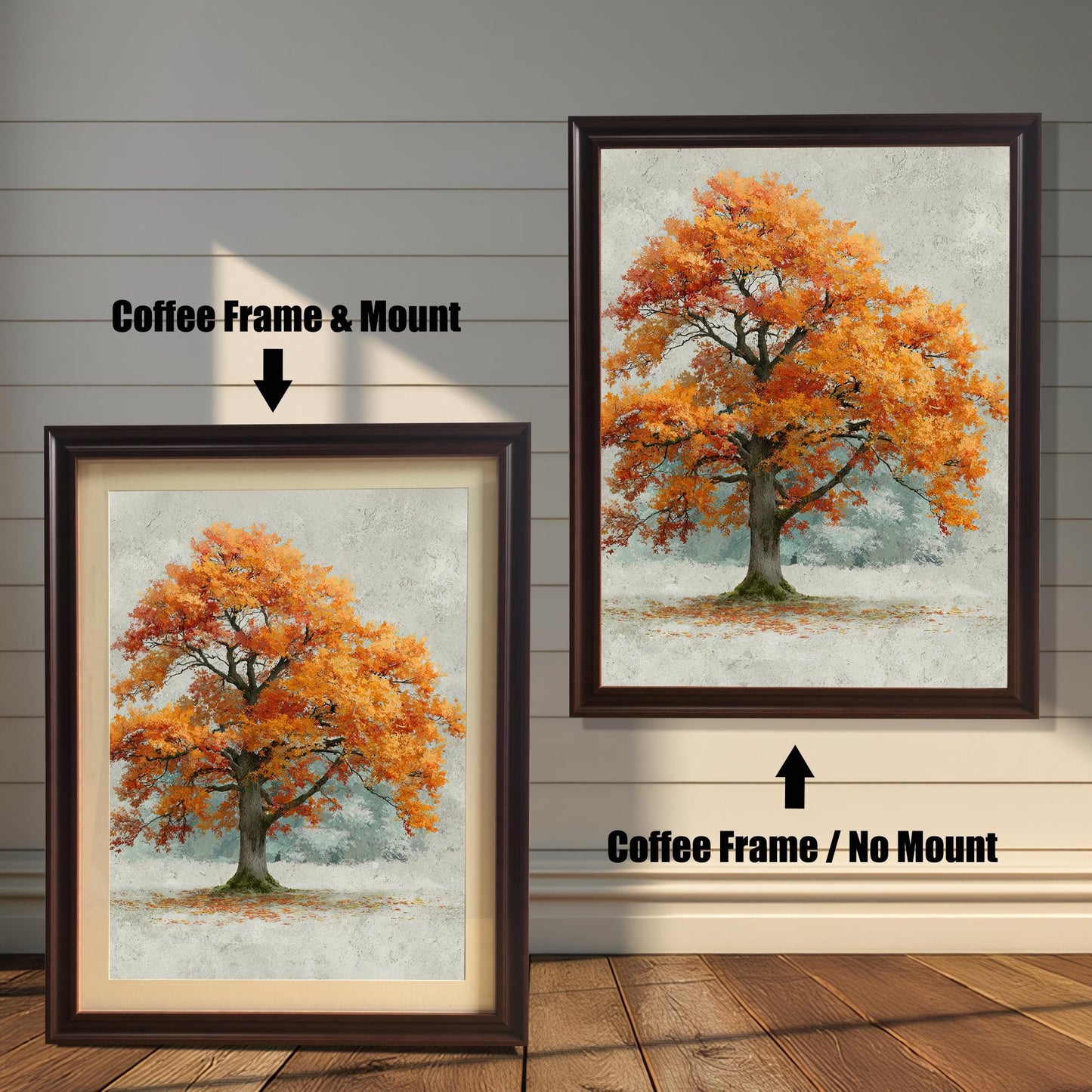 A side-by-side comparison of a framed autumn tree painting. The left image shows a coffee-colored frame with a mount (mat), and the right shows a coffee-colored frame with no mount.