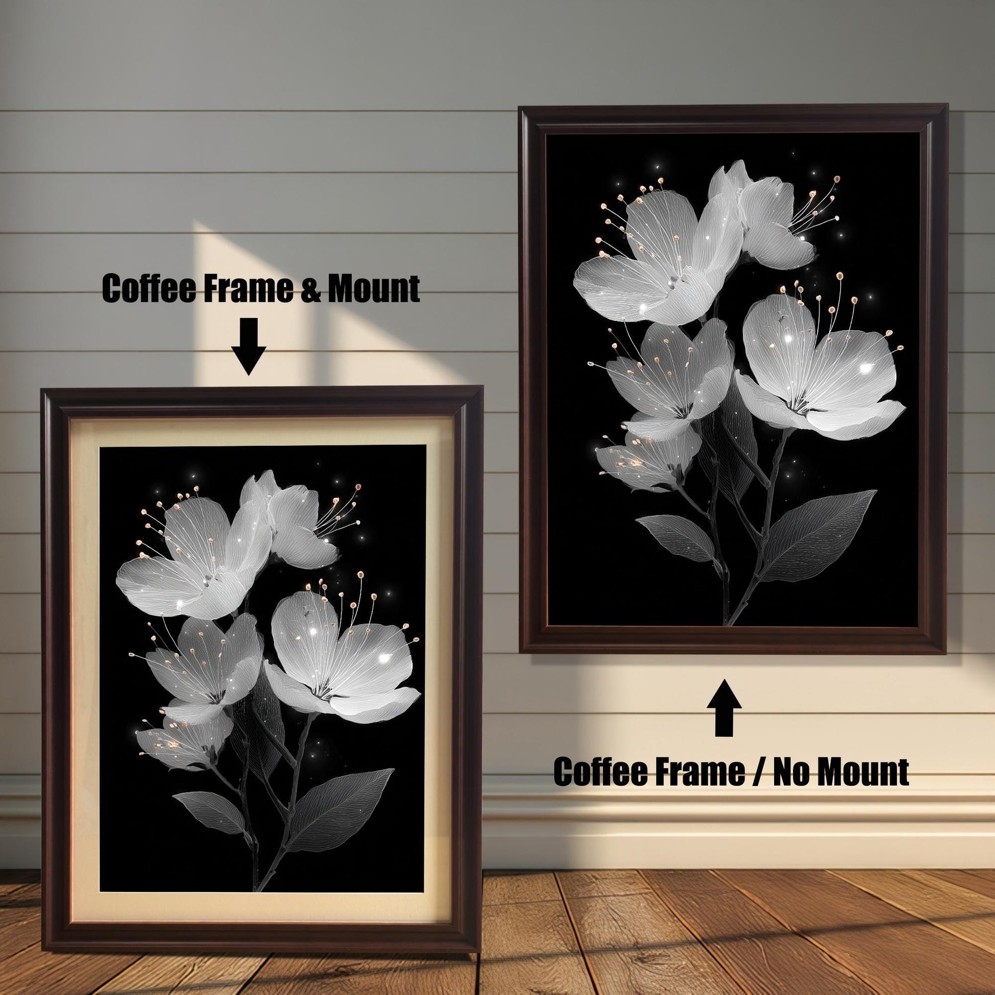 A side-by-side comparison of a framed white floral painting. The left image shows a coffee-colored frame with a mount (mat), and the right shows a coffee-colored frame with no mount.