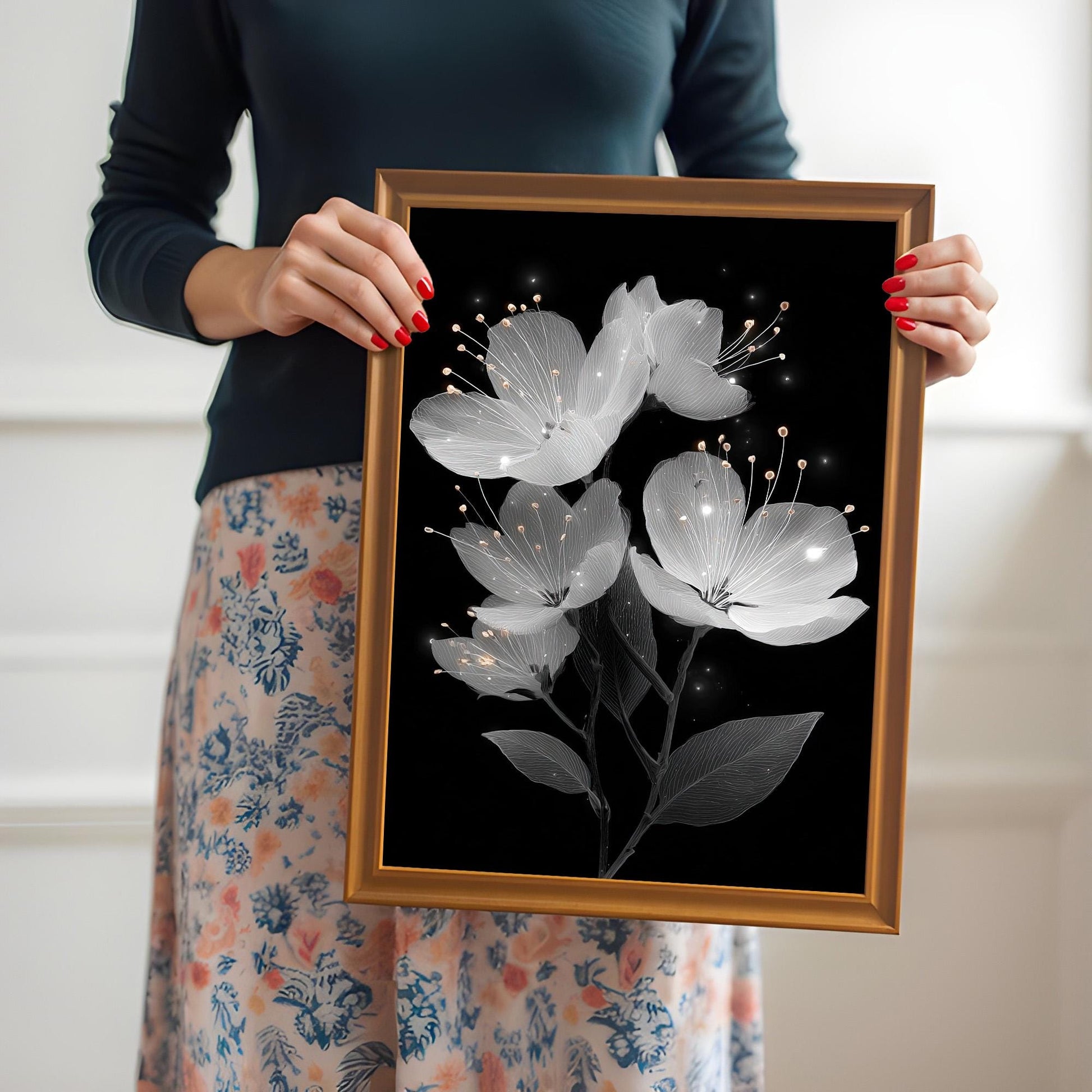 A person with red painted fingernails holds a framed painting of white flowers on a black background, showing the gold-toned frame.