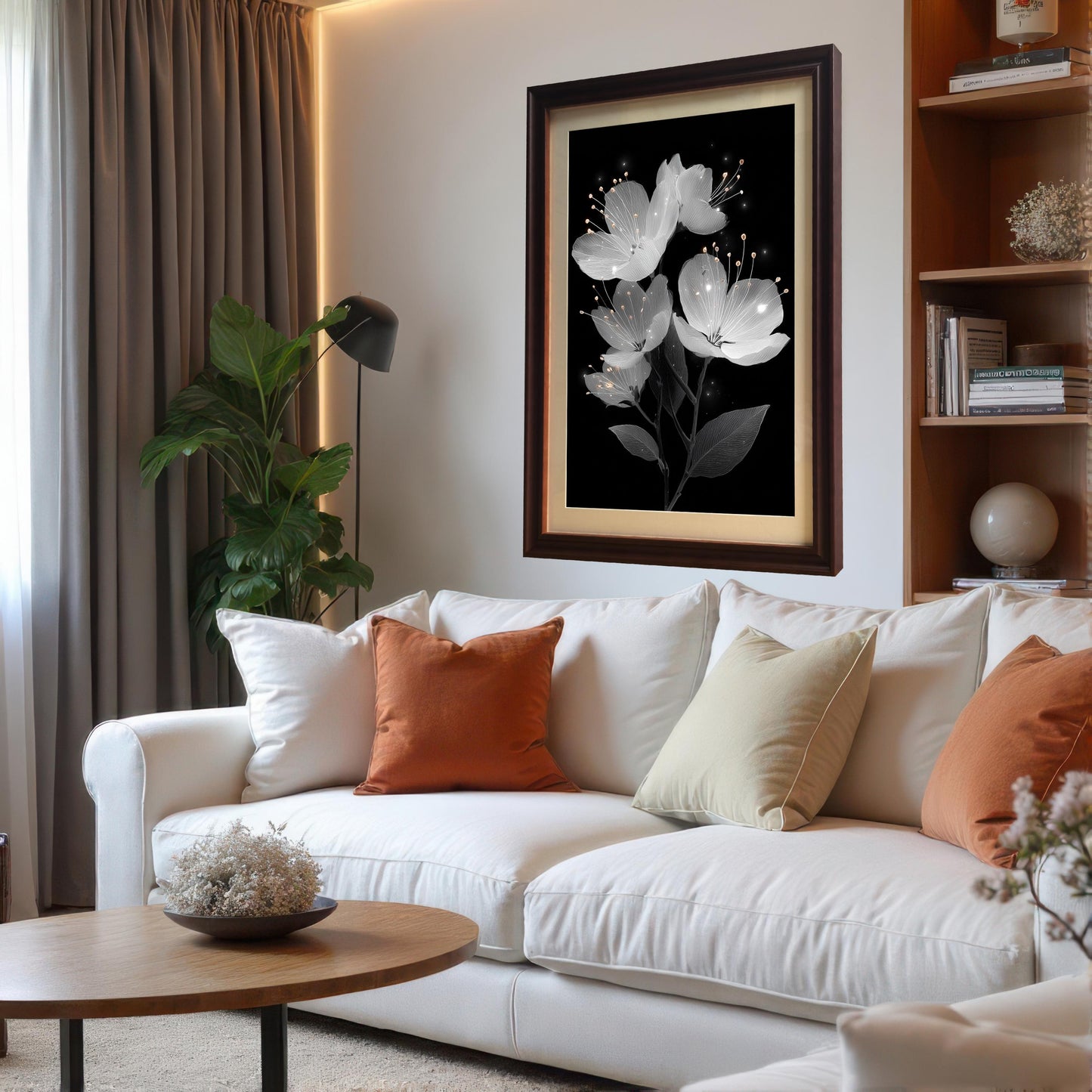 A large, coffee-colored framed painting of white flowers hangs on a white wall above a white sofa in a cozy living room with a large house plant and bookshelves.
