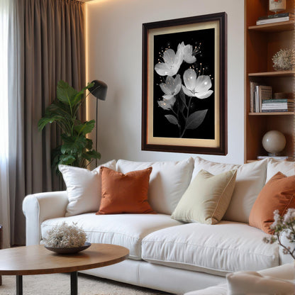A large, coffee-colored framed painting of white flowers hangs on a white wall above a white sofa in a cozy living room with a large house plant and bookshelves.