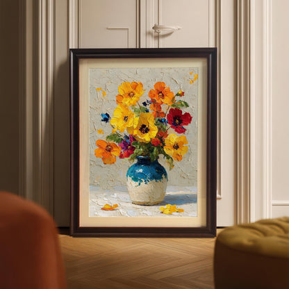 A coffee-colored framed painting of a vase with flowers is propped up on a wooden floor in front of a closet door.