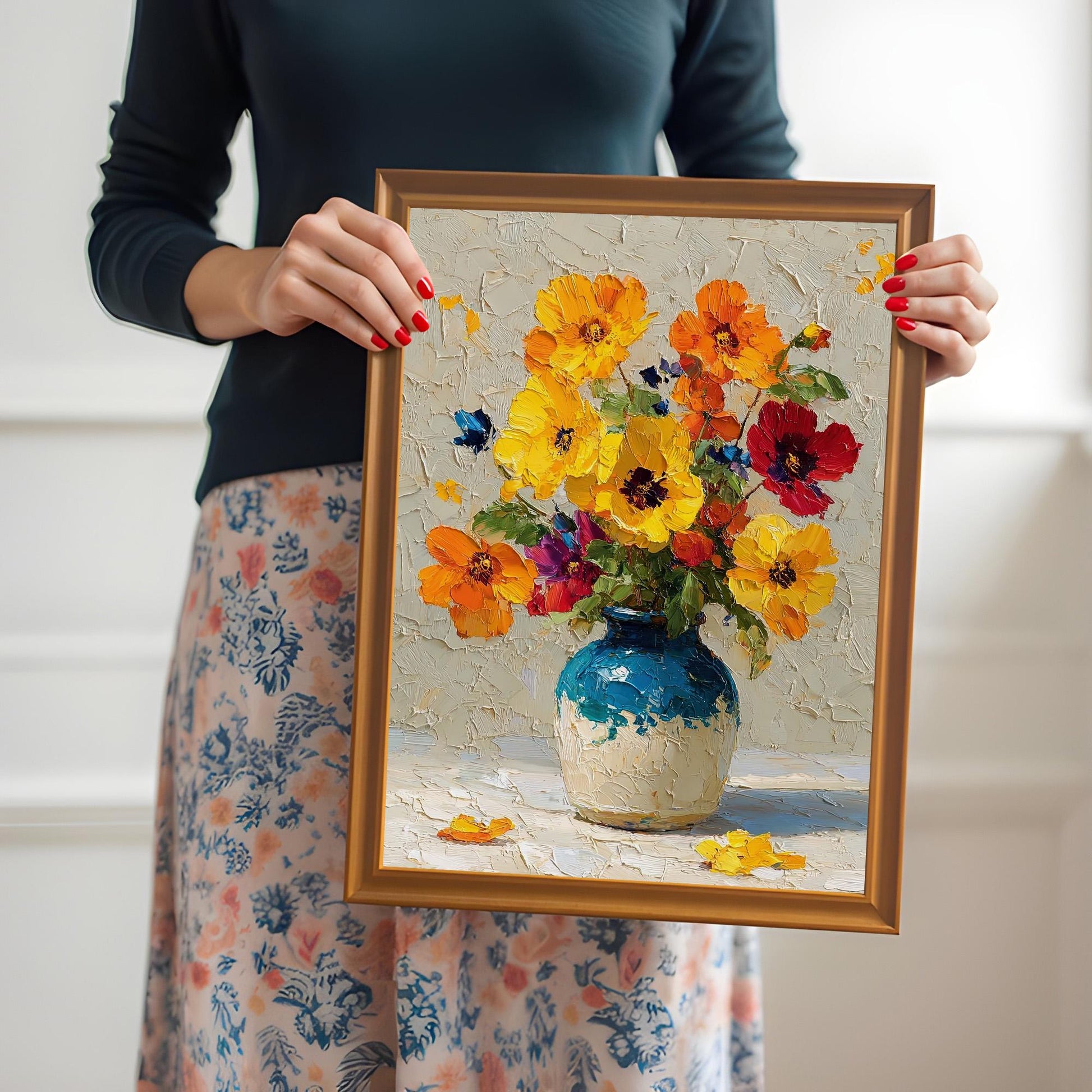 A person with red fingernails holds a framed painting of a vase of flowers, showing the orange-toned frame.