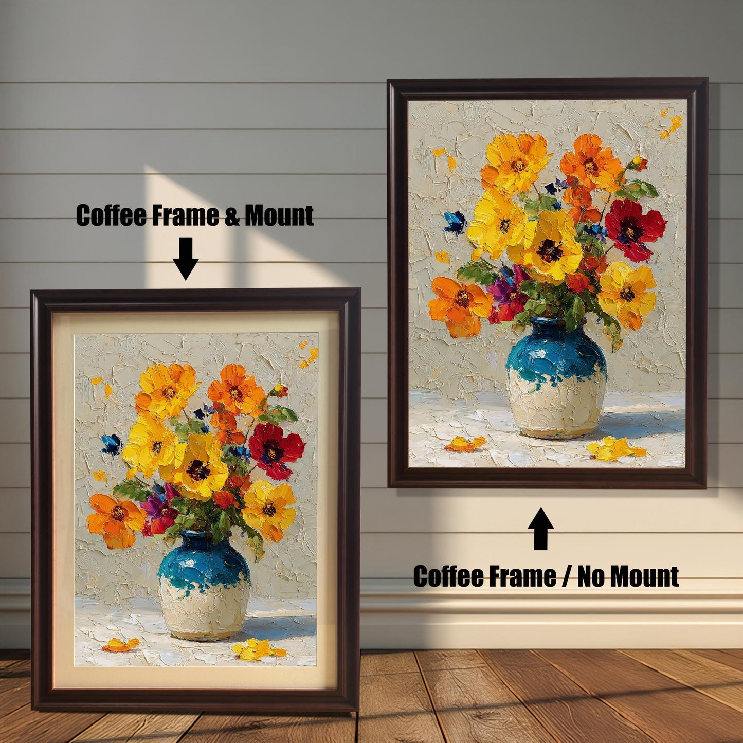 A side-by-side comparison of a framed painting of flowers in a vase. The left image shows a coffee-colored frame with a mount (mat), and the right shows a coffee-colored frame with no mount.
