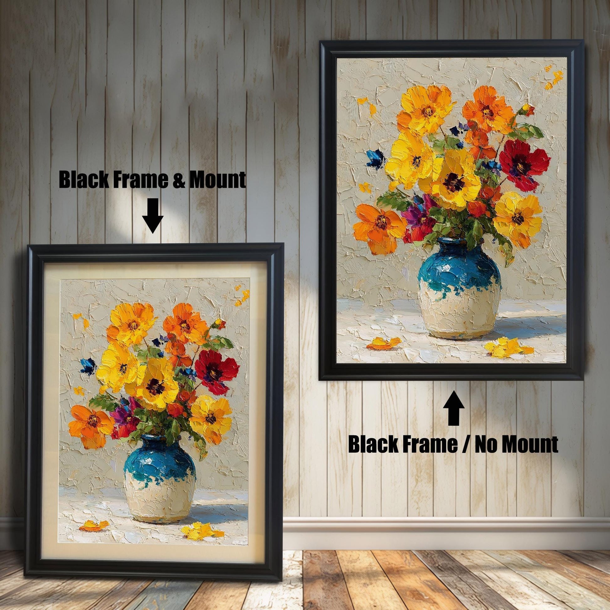 A side-by-side comparison of a framed painting of flowers in a vase. The left image shows a black frame with a mount (mat), and the right shows a black frame with no mount.