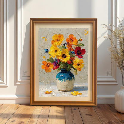 An orange-framed painting of a floral arrangement in a blue vase is propped up on a wooden floor next to a white ceramic vase with dried flowers.