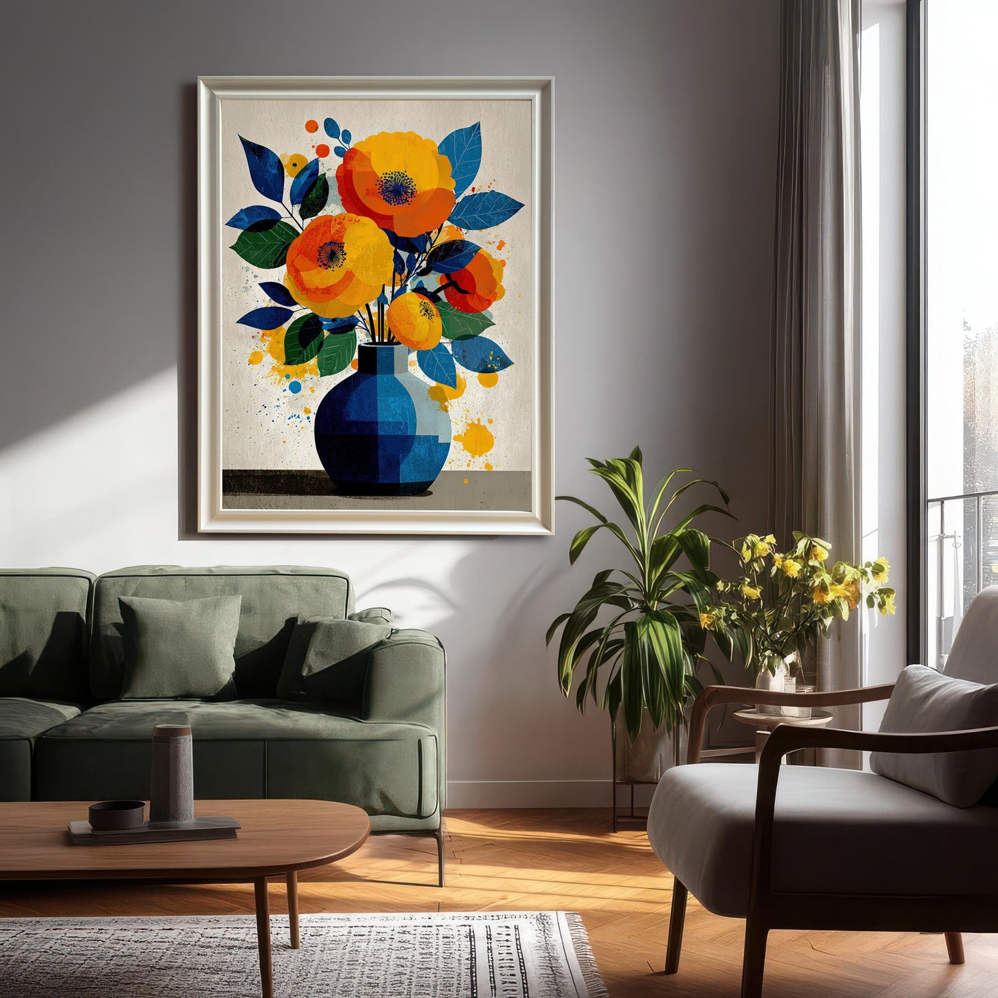 A large, silver-framed painting of a floral arrangement in a blue vase hangs on a gray wall above a green sofa in a modern living room.