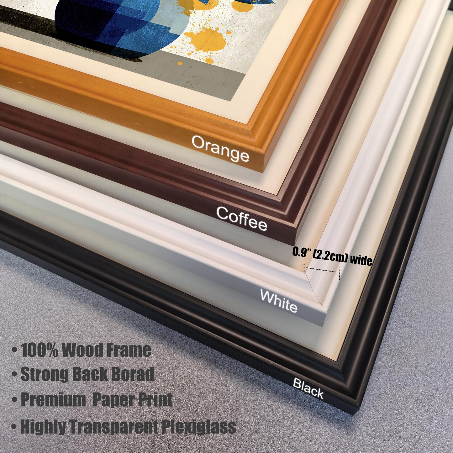 A close-up view of four frame corners in different colors: orange, coffee, white, and black. Text lists frame features like 100% wood and transparent plexiglass.