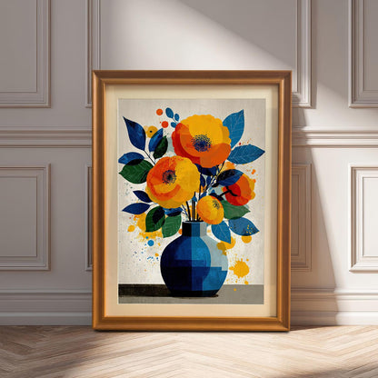 An orange-framed painting of a floral arrangement in a blue vase is propped up on a wooden floor in front of a white wall with decorative molding.
