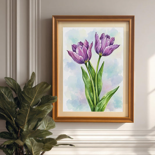 A vibrant watercolor painting of two purple tulips with green stems in a wood frame, hanging on a white paneled wall with a green plant in the bottom-left corner.