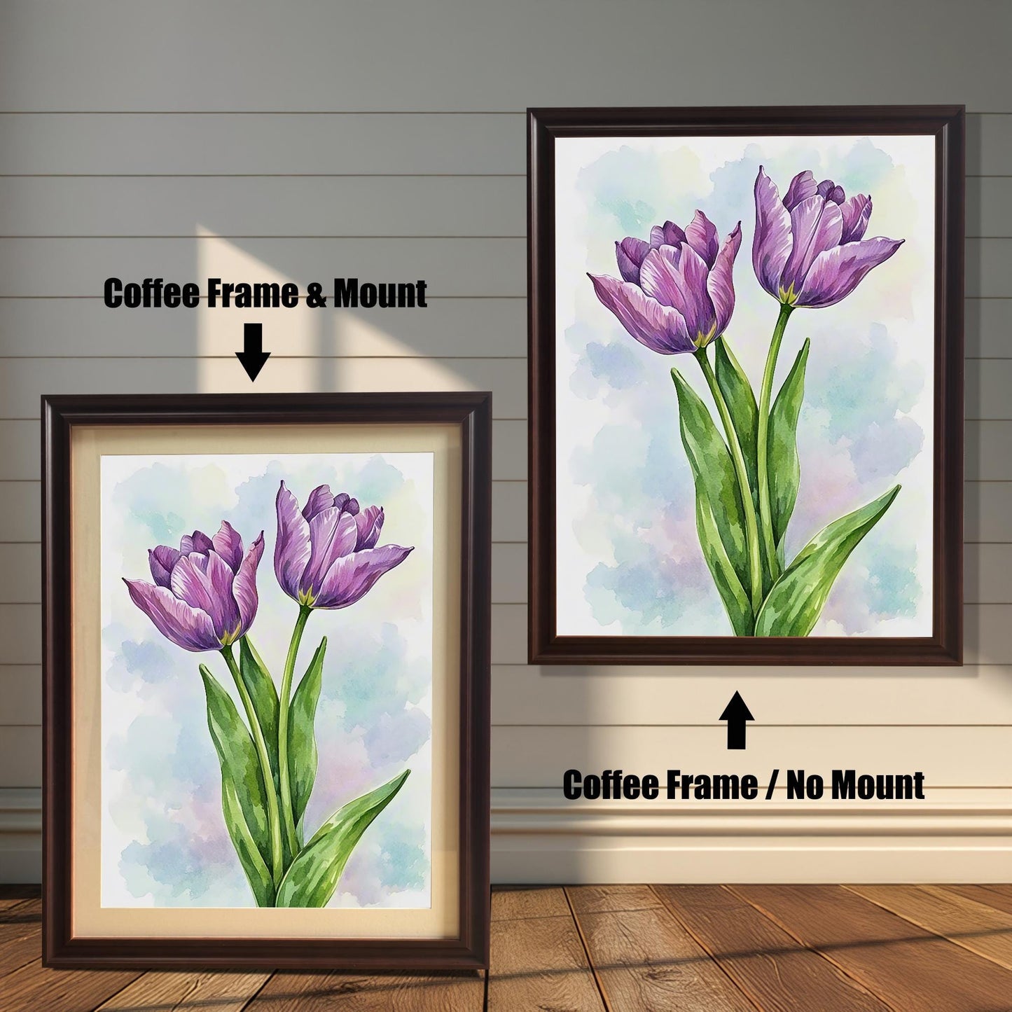 Two framed art prints of purple tulips on a wooden floor. The print on the left is in a coffee frame with a mount, and the one on the right is in a coffee frame without a mount.