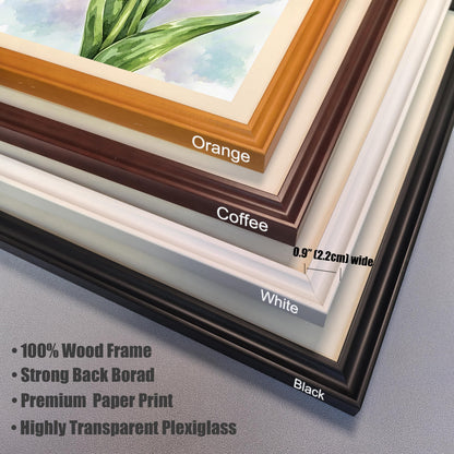 A close-up shot of four different corner samples of picture frames. The frame colors are orange, coffee, white, and black. Text describes the frames as "100% Wood Frame" and having "Highly Transparent Plexiglass".