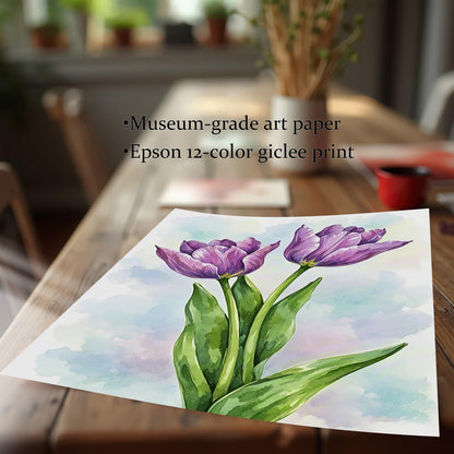 A square print of purple tulips is placed on a wooden table, next to a white vase with dry plants. The text "Museum-grade art paper" and "Epson 12-color giclee print" is on the image.