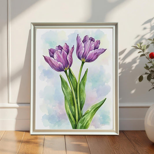 A framed painting of two purple tulips is leaning against a white paneled wall on a wooden floor. A small plant with red berries sits in a white pot on the right.