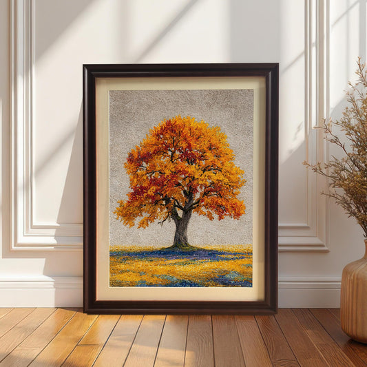 A framed painting of an autumn tree is leaning on a wooden floor against a white paneled wall. Sunlight streams across the floor. On the right, a vase holds dried plant branches.