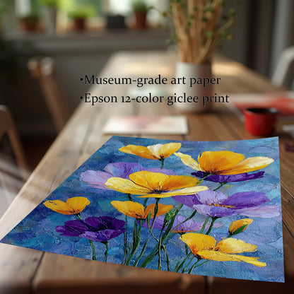 A square print of yellow and purple flowers is placed on a wooden table. Text on the image reads "Museum-grade art paper" and "Epson 12-color giclee print".