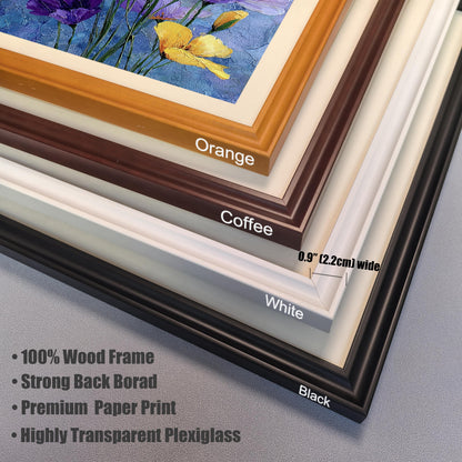 A close-up view of the corners of four different picture frames, stacked on a gray surface. The frame colors are orange, coffee, white, and black. Text describes the frames as "100% Wood Frame" and having "Highly Transparent Plexiglass".