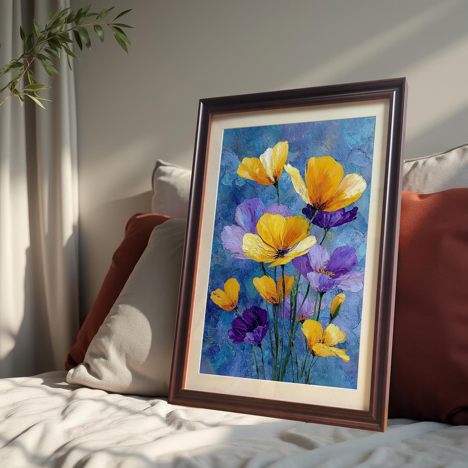 A framed painting of yellow and purple flowers is propped up on a bed with several pillows. The frame is a dark, wood-like color.
