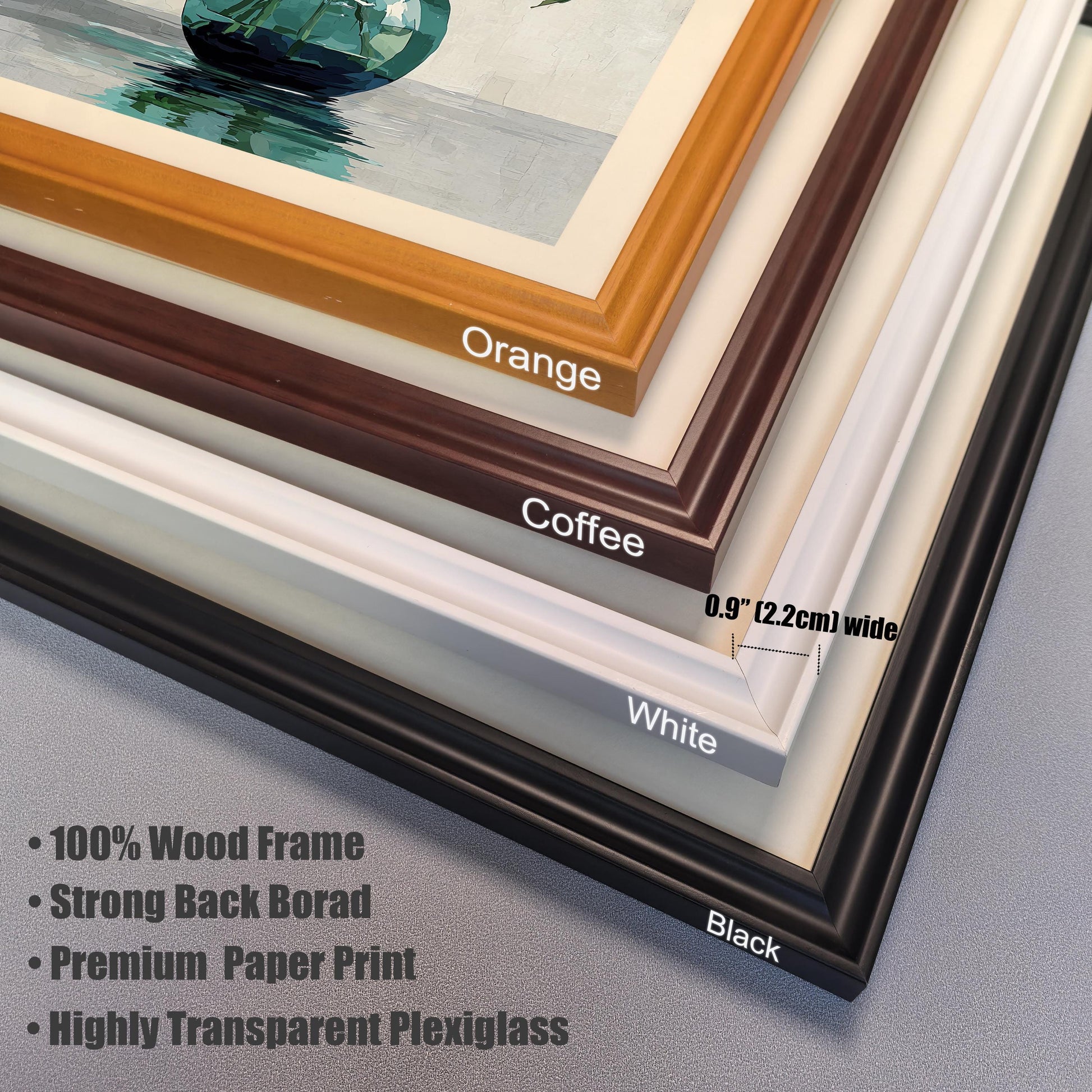A close-up view of the corners of four different picture frames, stacked on a gray surface. The frame colors are orange, coffee, white, and black. Text describes the frames as "100% Wood Frame" and having "Highly Transparent Plexiglass".