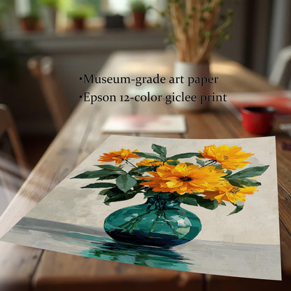 A square print of yellow flowers in a blue vase is placed on a wooden table. Text on the image reads "Museum-grade art paper" and "Epson 12-color giclee print".