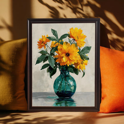 A framed painting of yellow flowers in a green vase is propped up on a couch between a gold and orange cushion. Sunlight casts shadows on the brown wall behind the painting.