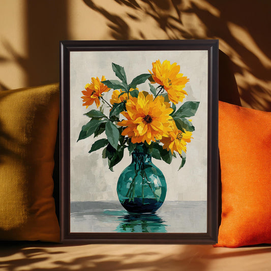 A framed painting of yellow flowers in a green vase is propped up on a couch between a gold and orange cushion. Sunlight casts shadows on the brown wall behind the painting.