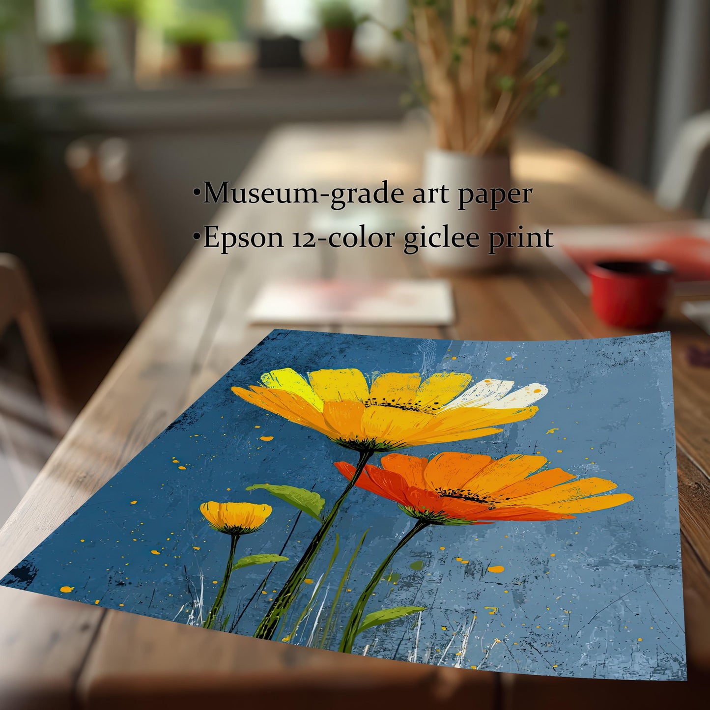 A square print of yellow and orange flowers on a blue background is on a wooden table. Text on the image reads "Museum-grade art paper" and "Epson 12-color giclee print".