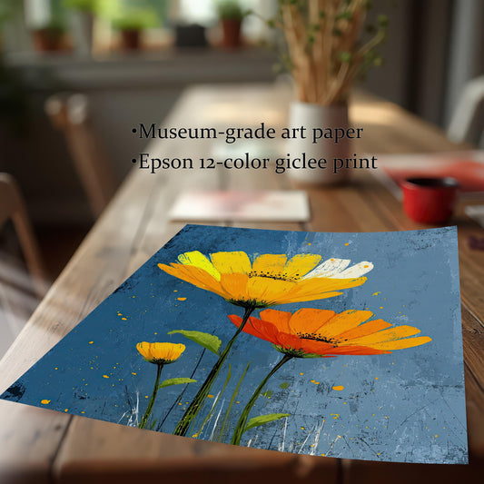 A square print of yellow and orange flowers on a blue background is on a wooden table. Text on the image reads "Museum-grade art paper" and "Epson 12-color giclee print".