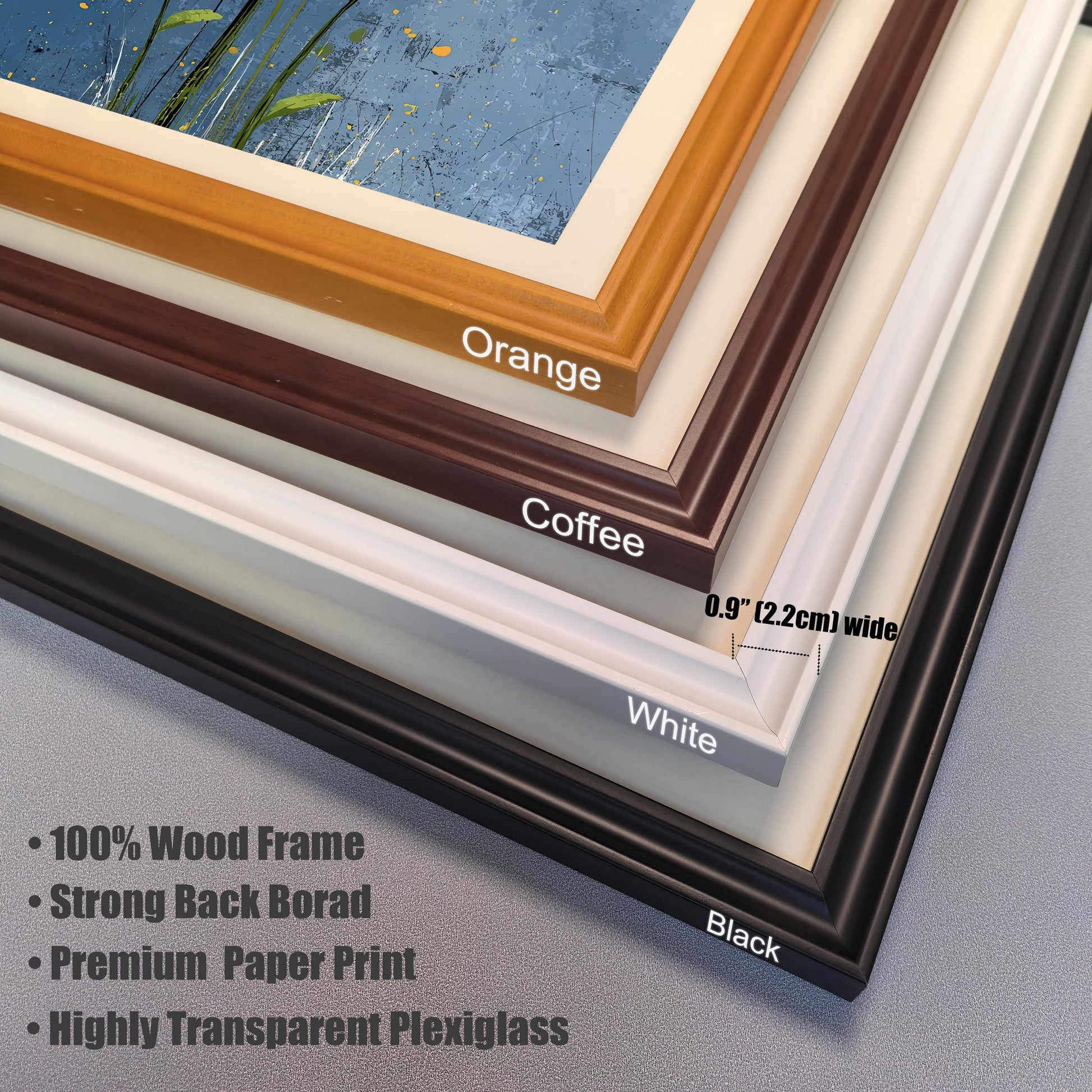 A close-up view of the corners of four different picture frames, stacked on a gray surface. The frame colors are orange, coffee, white, and black. Text describes the frames as "100% Wood Frame" and having "Highly Transparent Plexiglass".