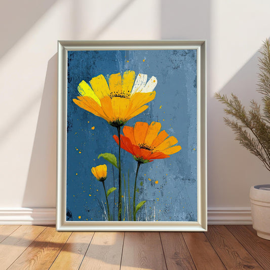 A framed painting of yellow and orange flowers on a blue background is on a wooden floor, leaning against a white paneled wall. Sunlight streams across the floor, and a potted plant sits on the right.
