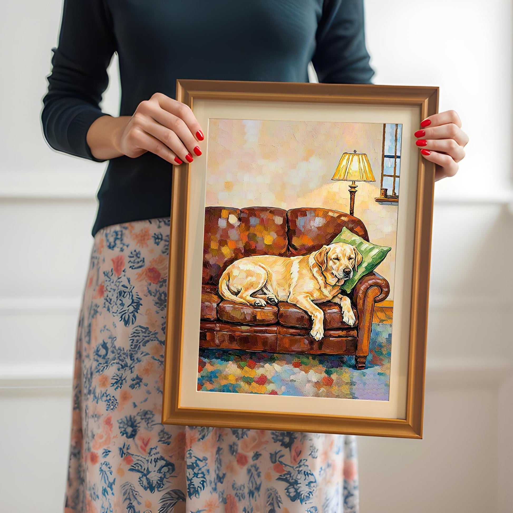 A person with red nail polish holding a painting of a golden retriever dog resting on a brown leather couch in an orange frame with a white border (mount).