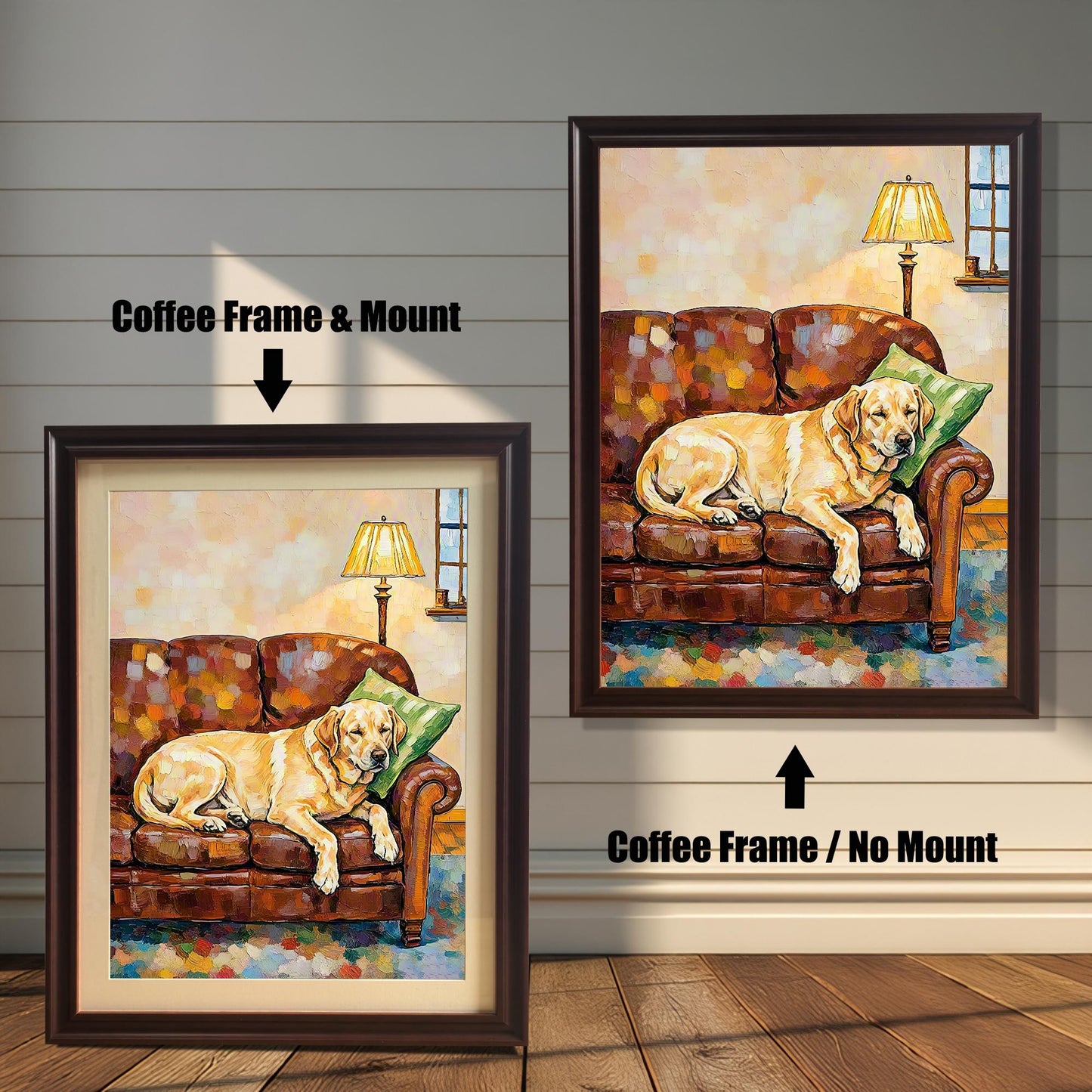 Two framed paintings of a golden retriever dog on a couch against a white wood wall. One has a dark brown frame with a white border (mount), and the other is a larger dark brown frame with no border.