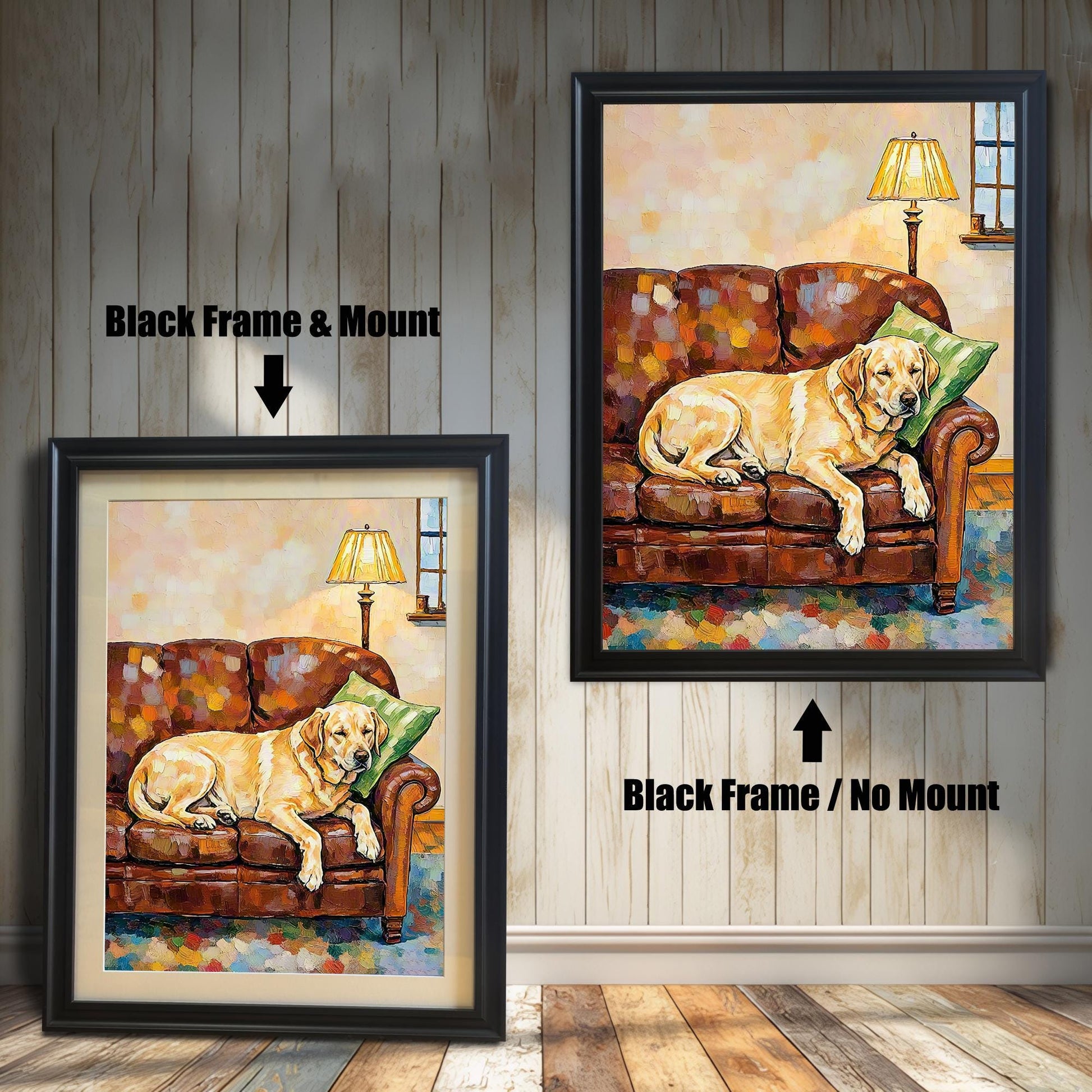 Two framed paintings of a yellow lab dog on a couch against a white wood wall. One has a black frame with a white border (mount), and the other is a larger black frame with no border.