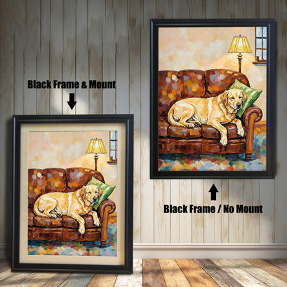Two framed paintings of a yellow lab dog on a couch against a white wood wall. One has a black frame with a white border (mount), and the other is a larger black frame with no border.