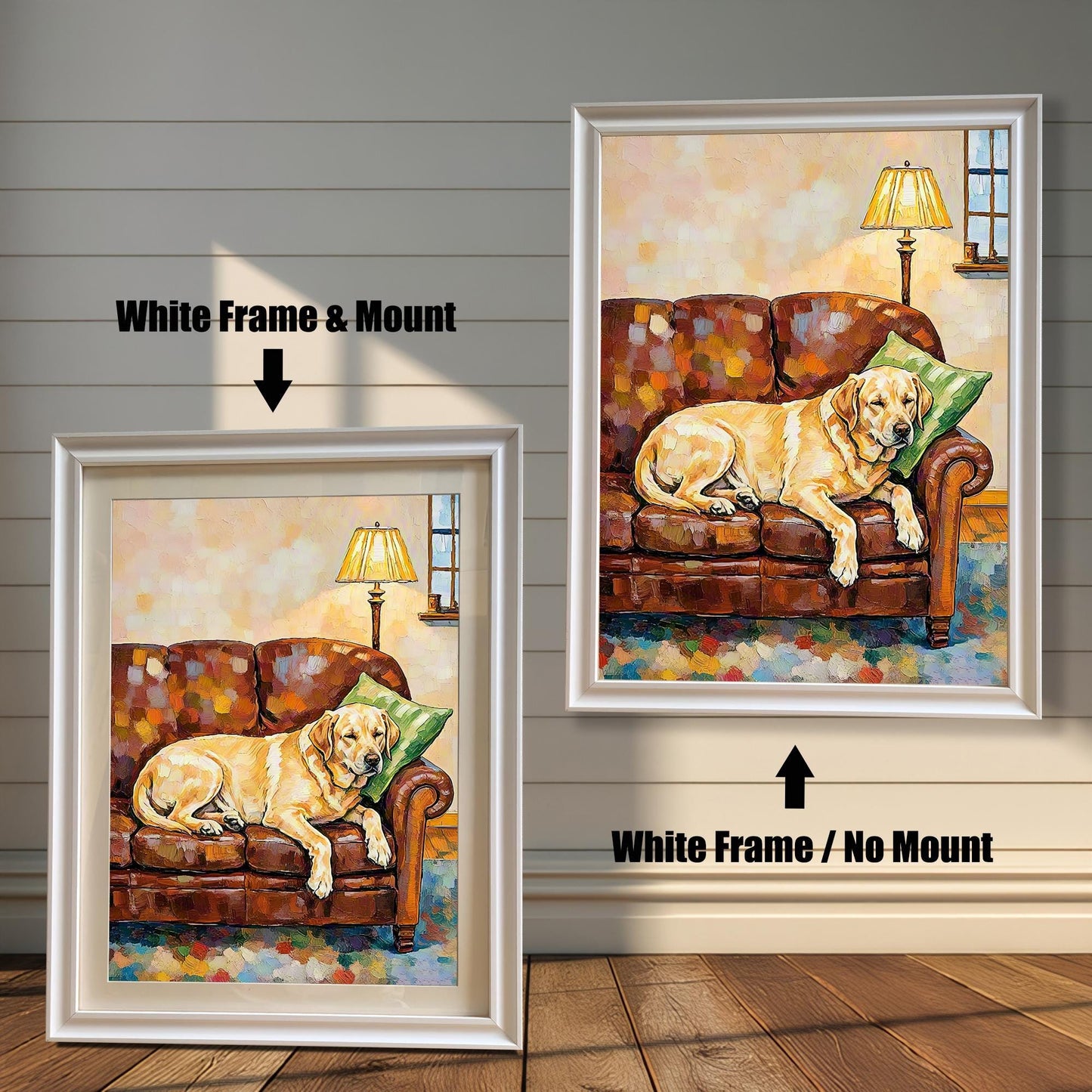 Two framed paintings of a golden retriever dog on a couch against a white wood wall. One has a white frame with a white border (mount), and the other is a larger white frame with no border.