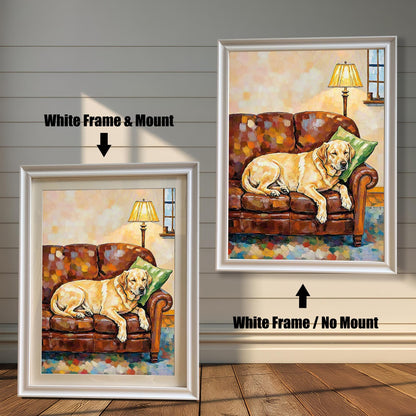 Two framed paintings of a golden retriever dog on a couch against a white wood wall. One has a white frame with a white border (mount), and the other is a larger white frame with no border.